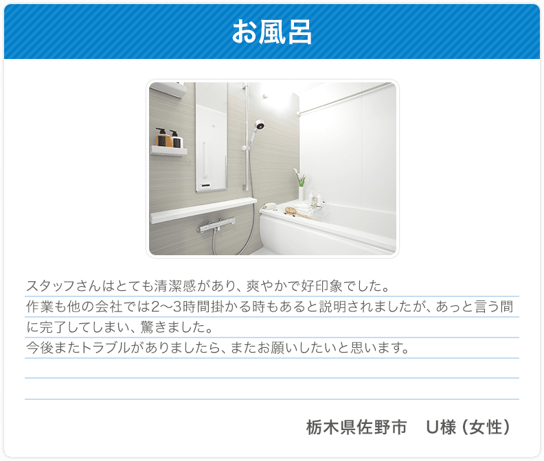お風呂 スタッフさんはとても清潔感があり、爽やかで好印象でした。作業も他の会社では2～3時間掛かる時もあると説明されましたが、あっと言う間に完了してしまい、驚きました。今後またトラブルがありましたら、またお願いしたいと思います。 栃木県佐野市 U様（女性） 